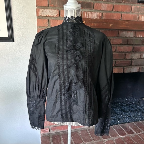 VTG Recollections Victorian Ruffle Lace Long Sleeve Blouse in Black Sz M - Picture 1 of 7